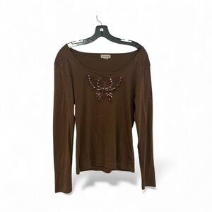 Elegant Brown Long Sleeve Top with Butterfly Detail